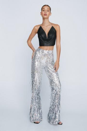 Silver Petite Tassel Sequin Flared Trousers