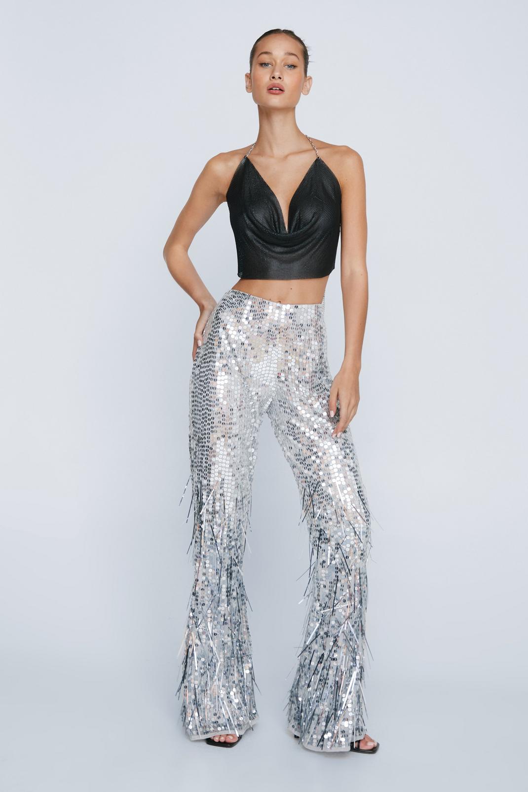 Silver Petite Tassel Sequin Flare Trousers image number 1