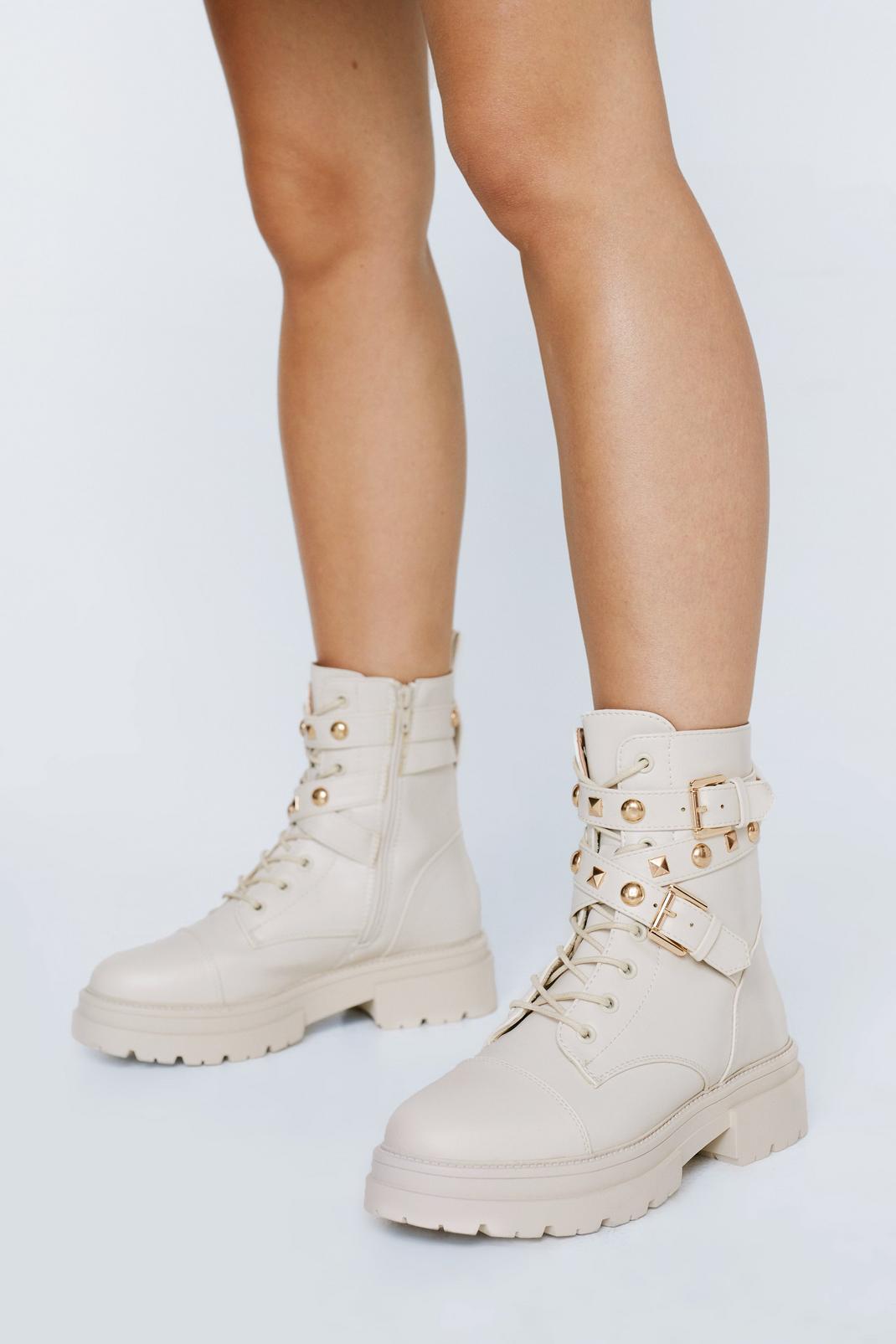 Light beige Faux Leather Studded Buckle Hiker Boots image number 1