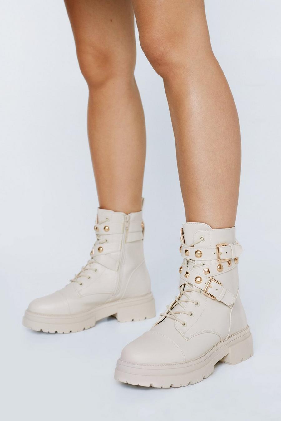 Faux Leather Studded Buckle Hiker Boots