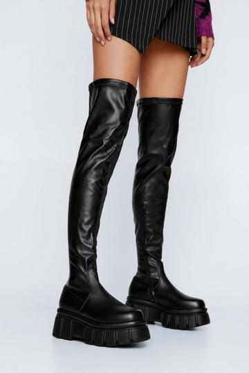 Faux Leather Chunky Wedge Thigh High Boots black