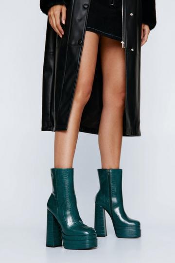 Green Faux Croc Double Platform Heeled Ankle Boots