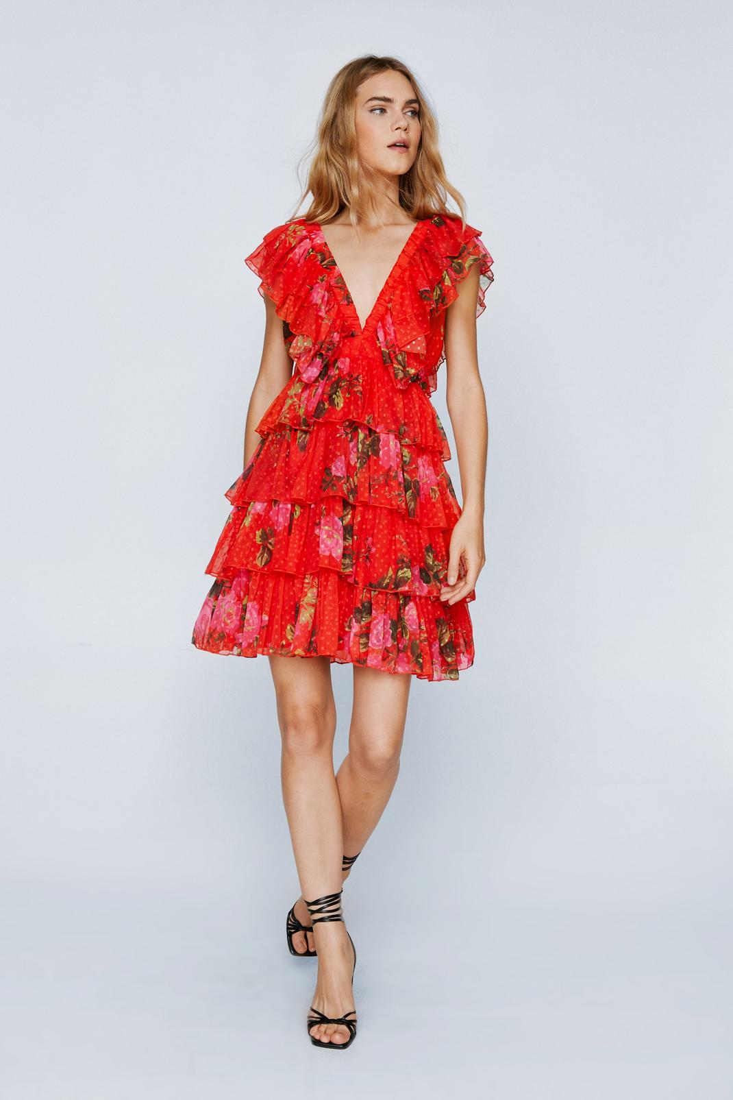 Red Floral Print Dobby Ruffle Mini Dress image number 1
