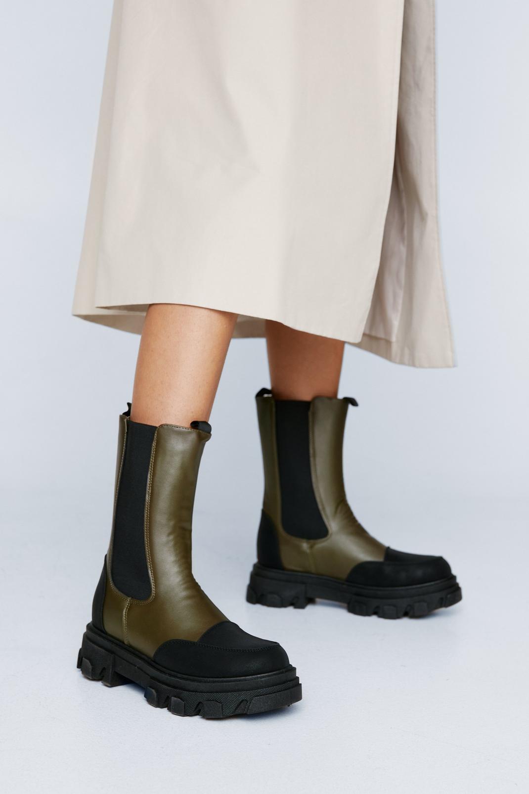 Khaki Faux Leather Contrast Chelsea Boots image number 1