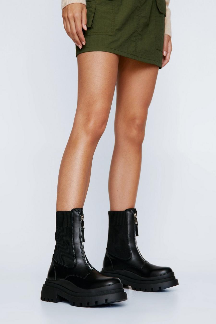 Faux Leather Knit Sock Zip Front Boot 