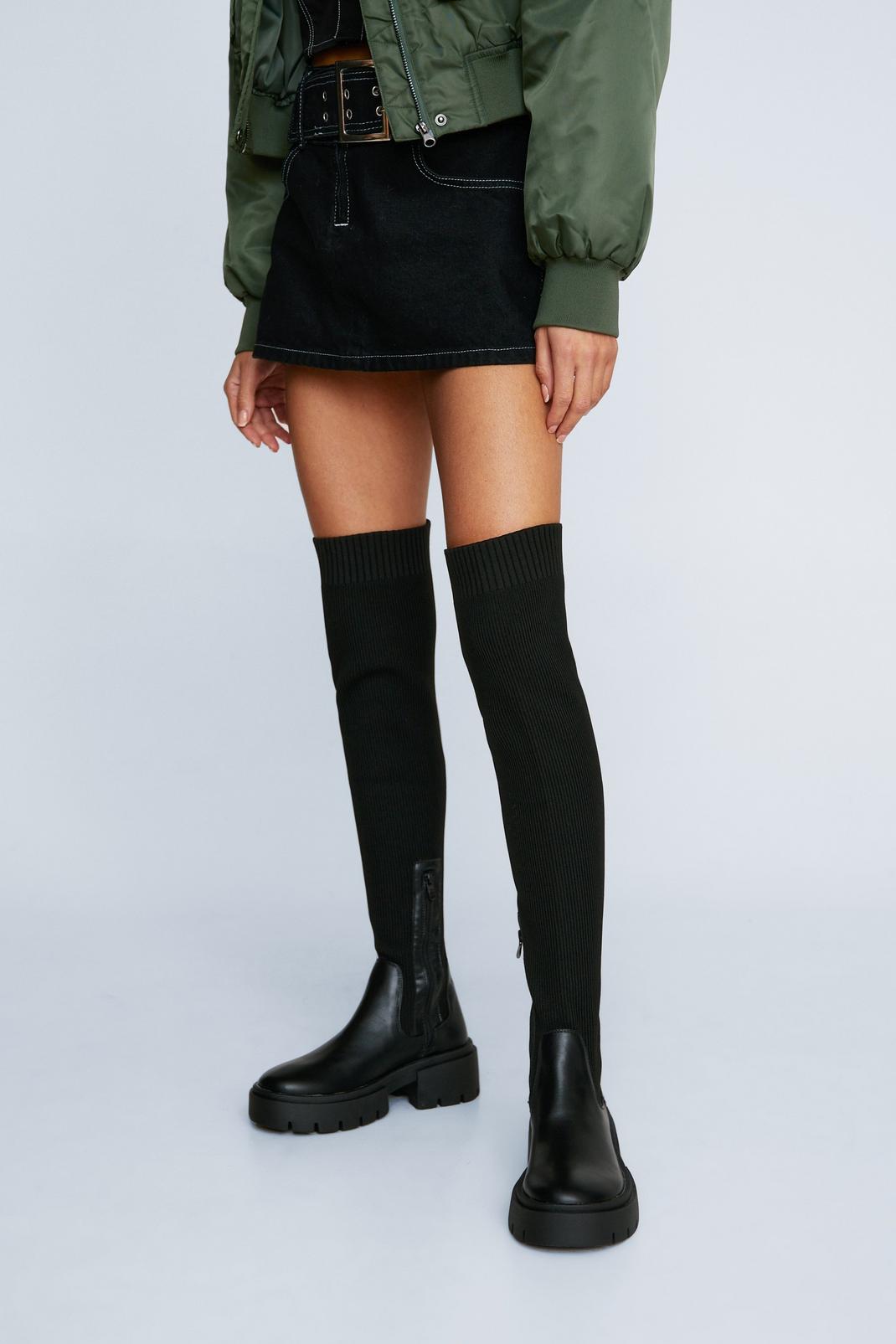 Black Faux Leather Knit Knee High Chunky Boots image number 1