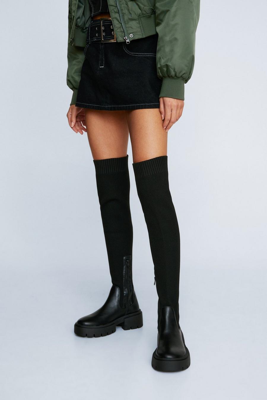 Faux Leather Knit Knee High Chunky Boot