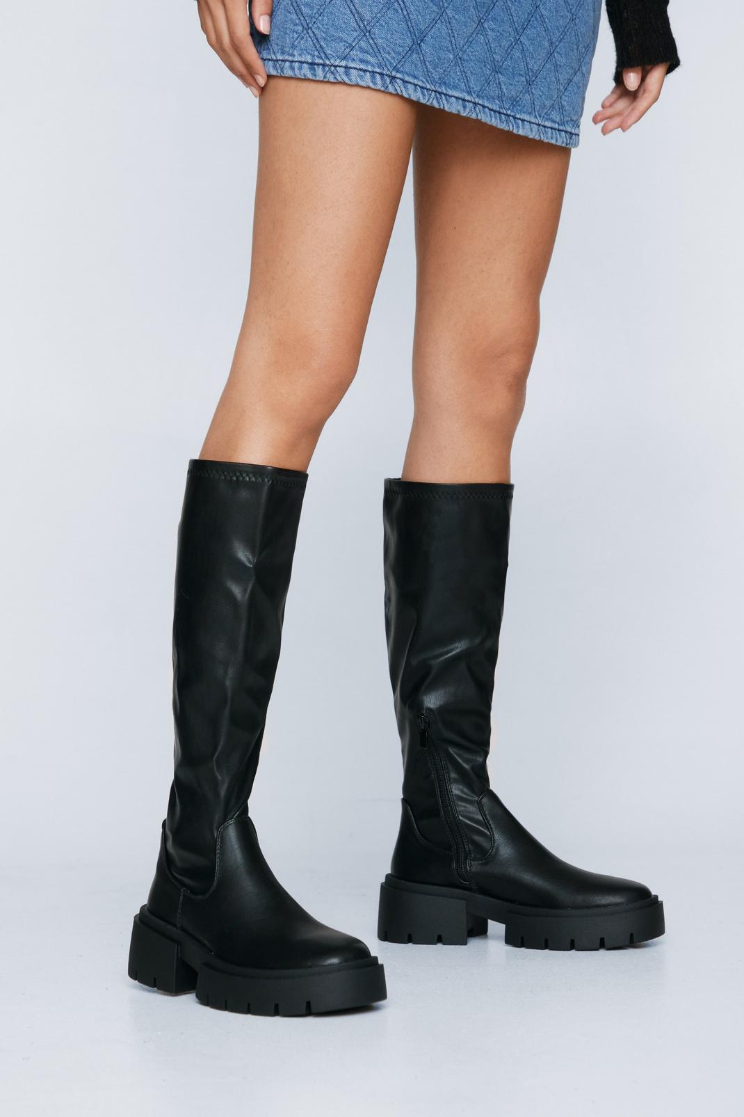 Black Faux Leather Stretch Knee High Chunky Boot  image number 1