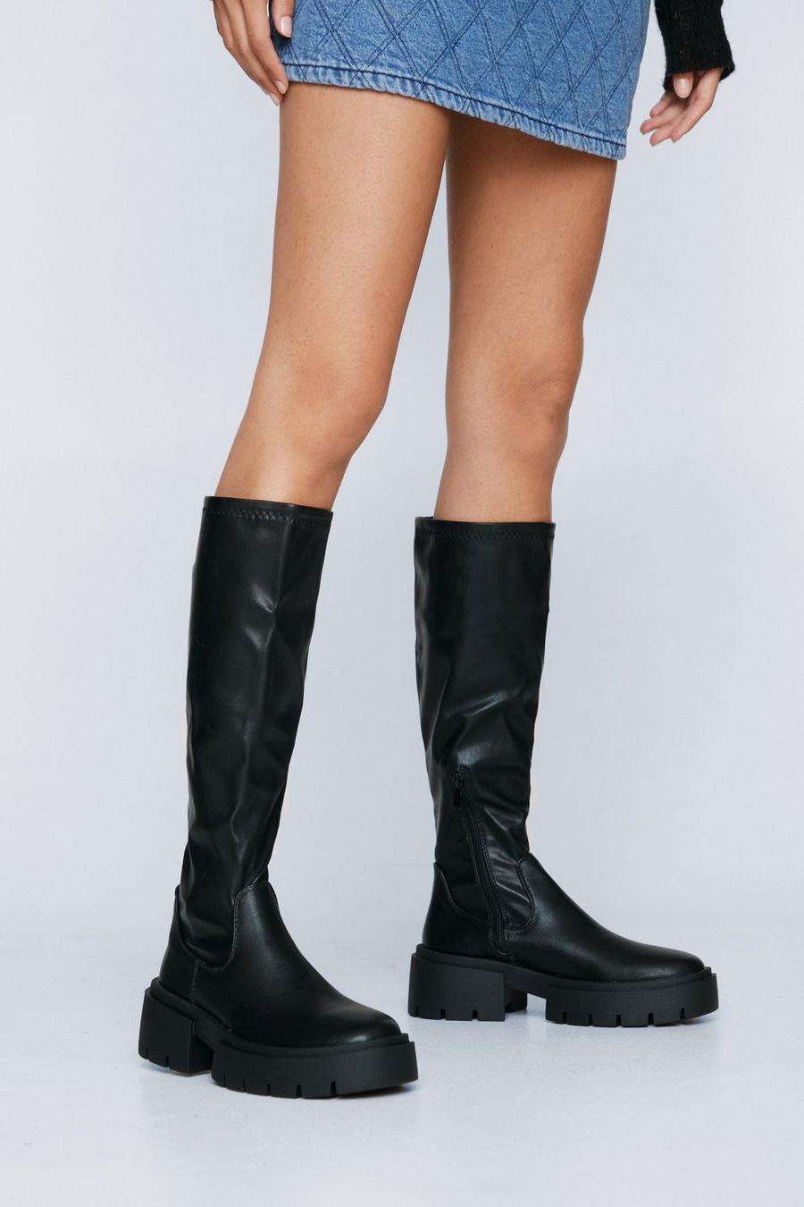 Faux Leather Stretch Knee High Chunky Boot 