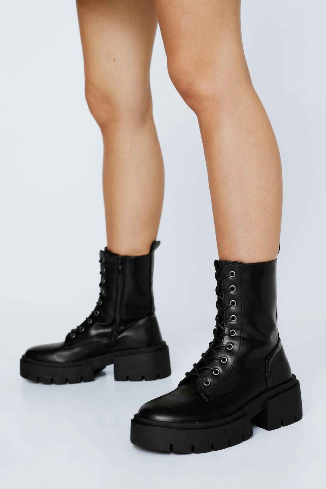 Black Faux Leather Chunky Hiker Boots  image number 1