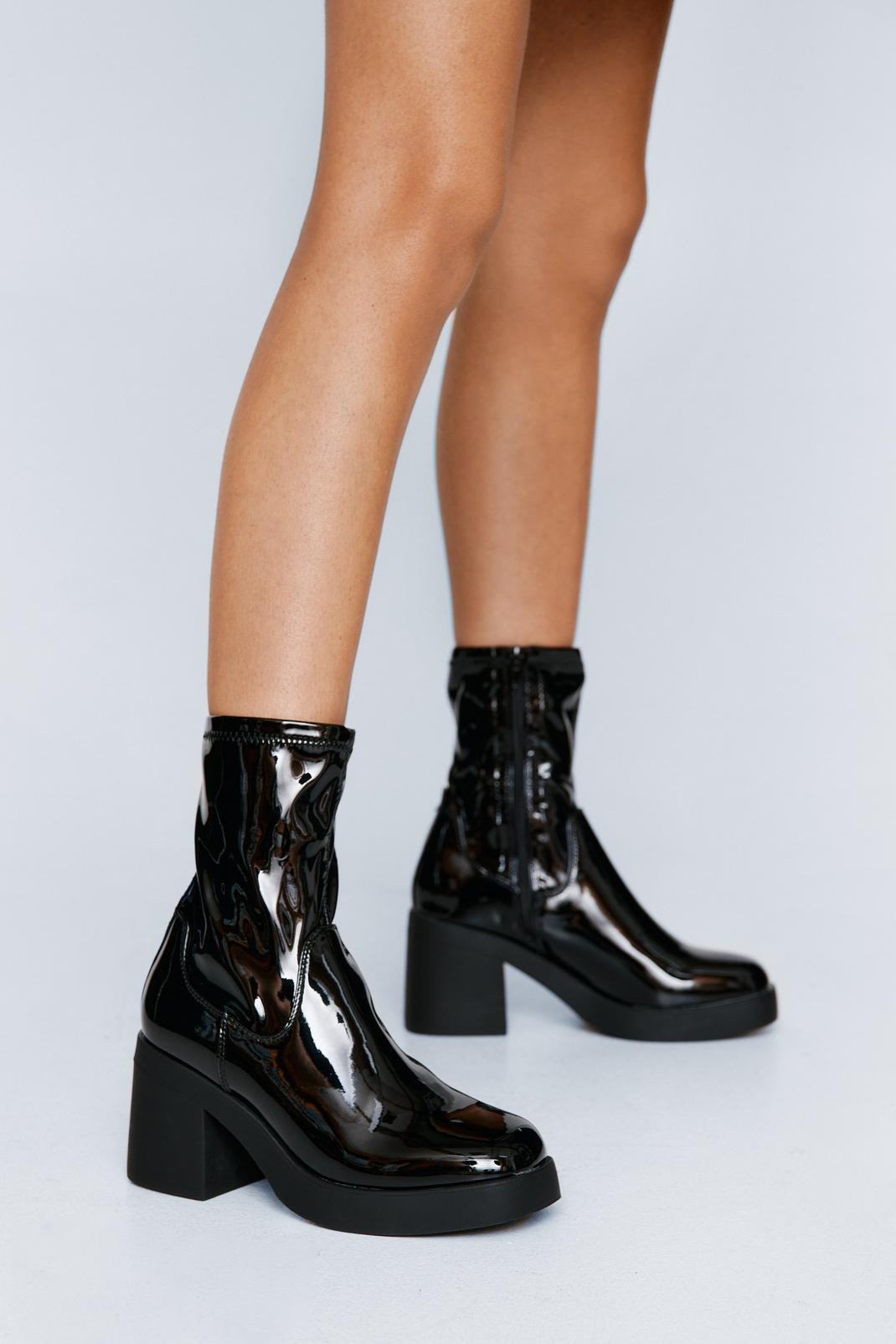 Black Faux Patent Leather Platform Ankle Boots image number 1