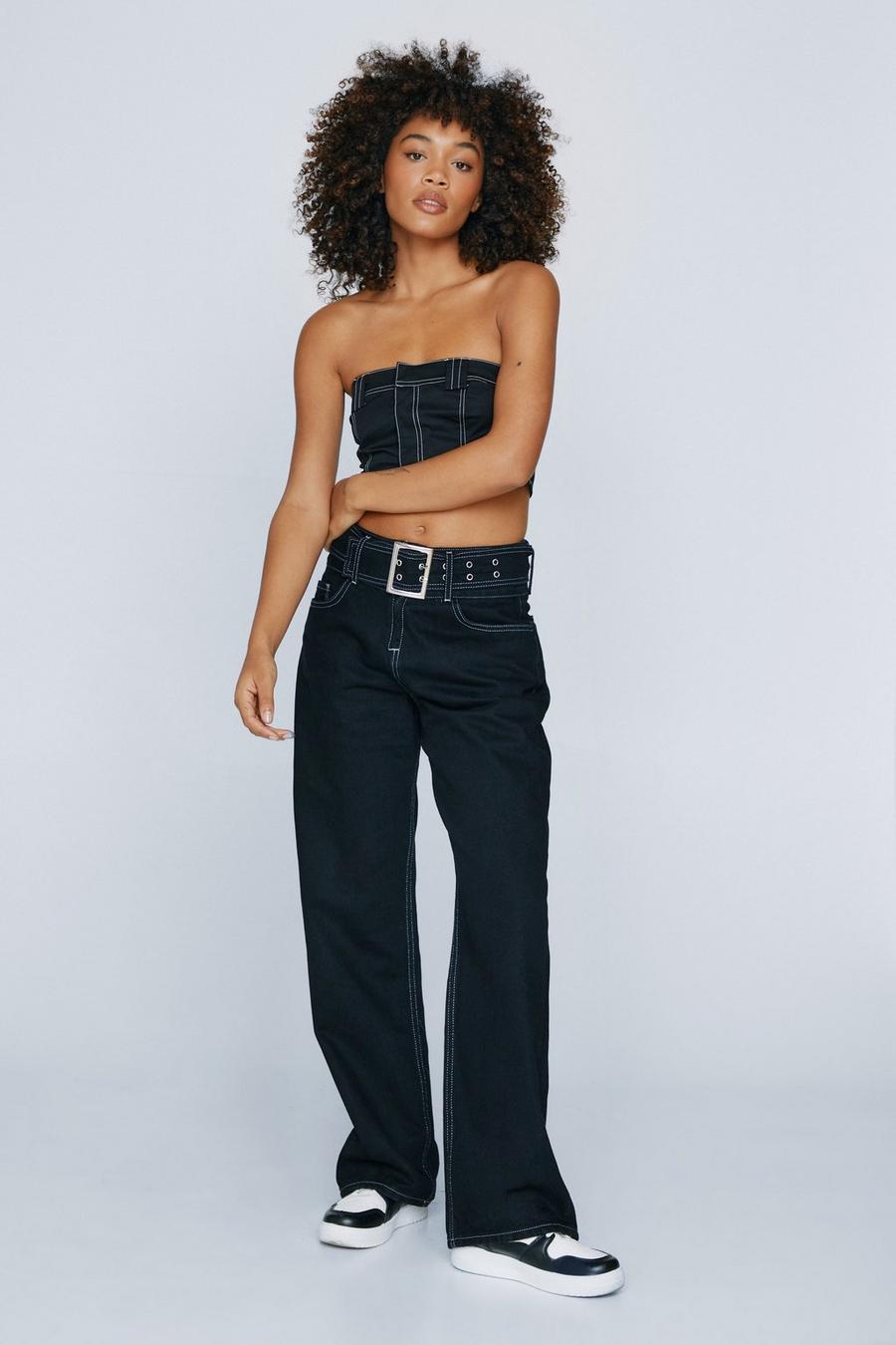 Contrast Stitch Belted Wide Leg Jeans