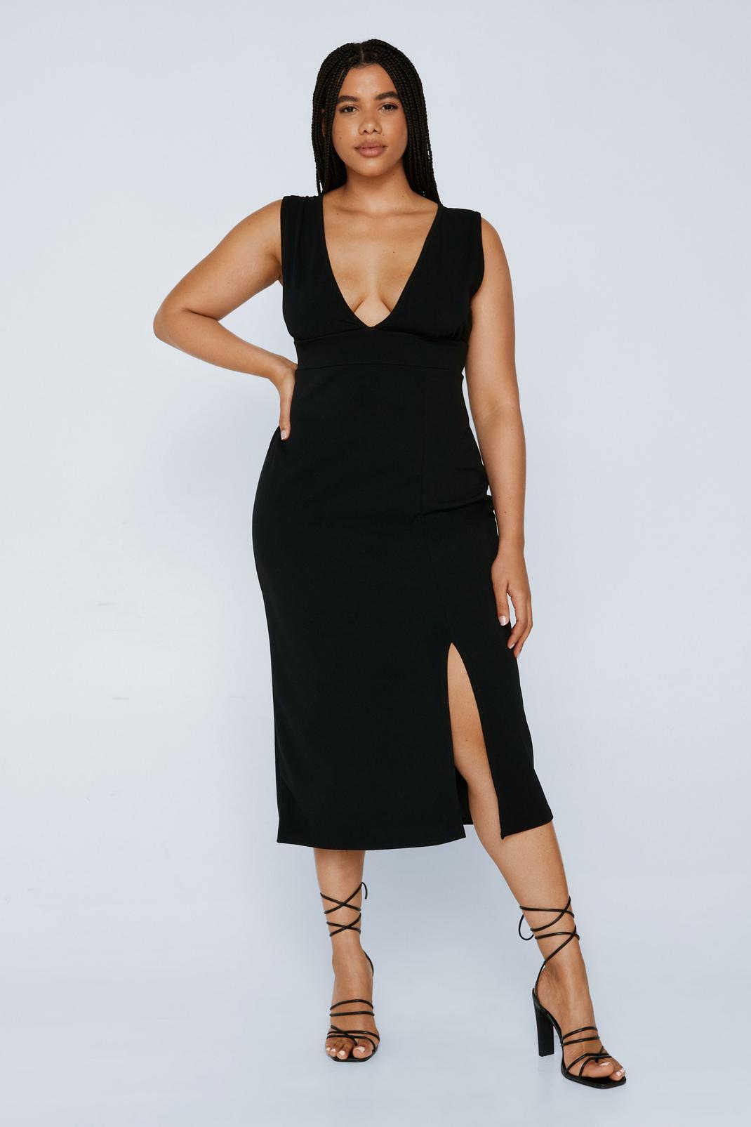 Black Plus Size Side Split Midi Dress image number 1