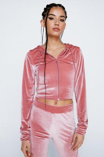 Pink Premium Velour Cropped Zip Up Hoodie