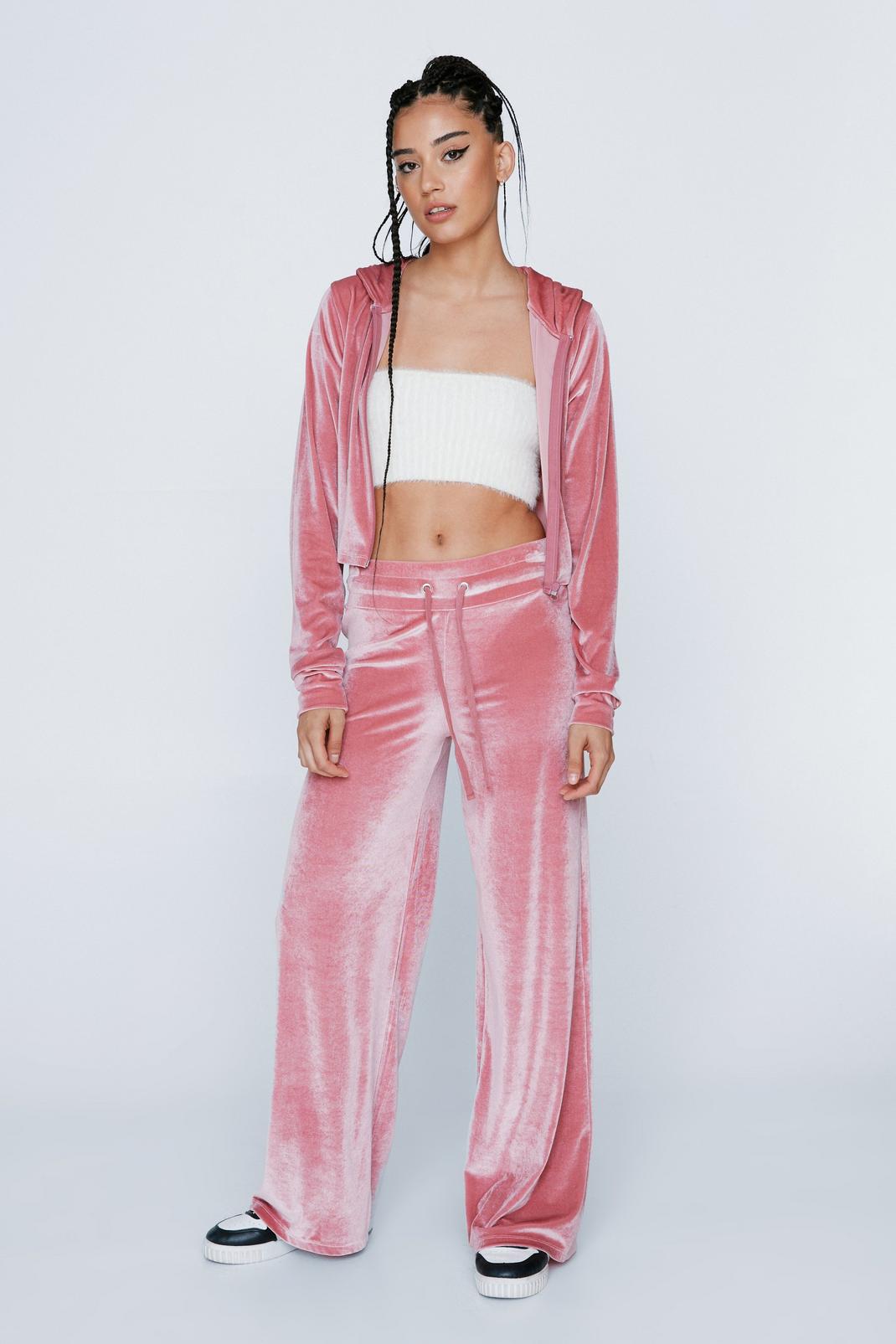 Pink Premium Velour Low Rise Wide Leg Joggers image number 1