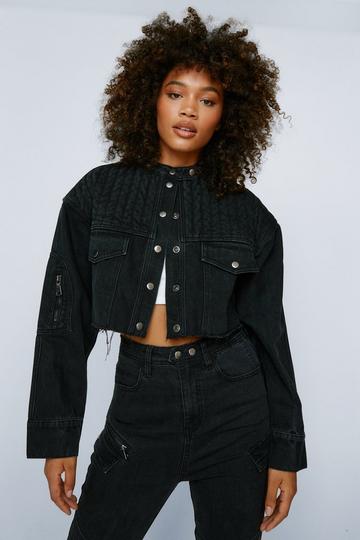 (Me) Biker & Zip Detail Cropped Denim Jacket washed black