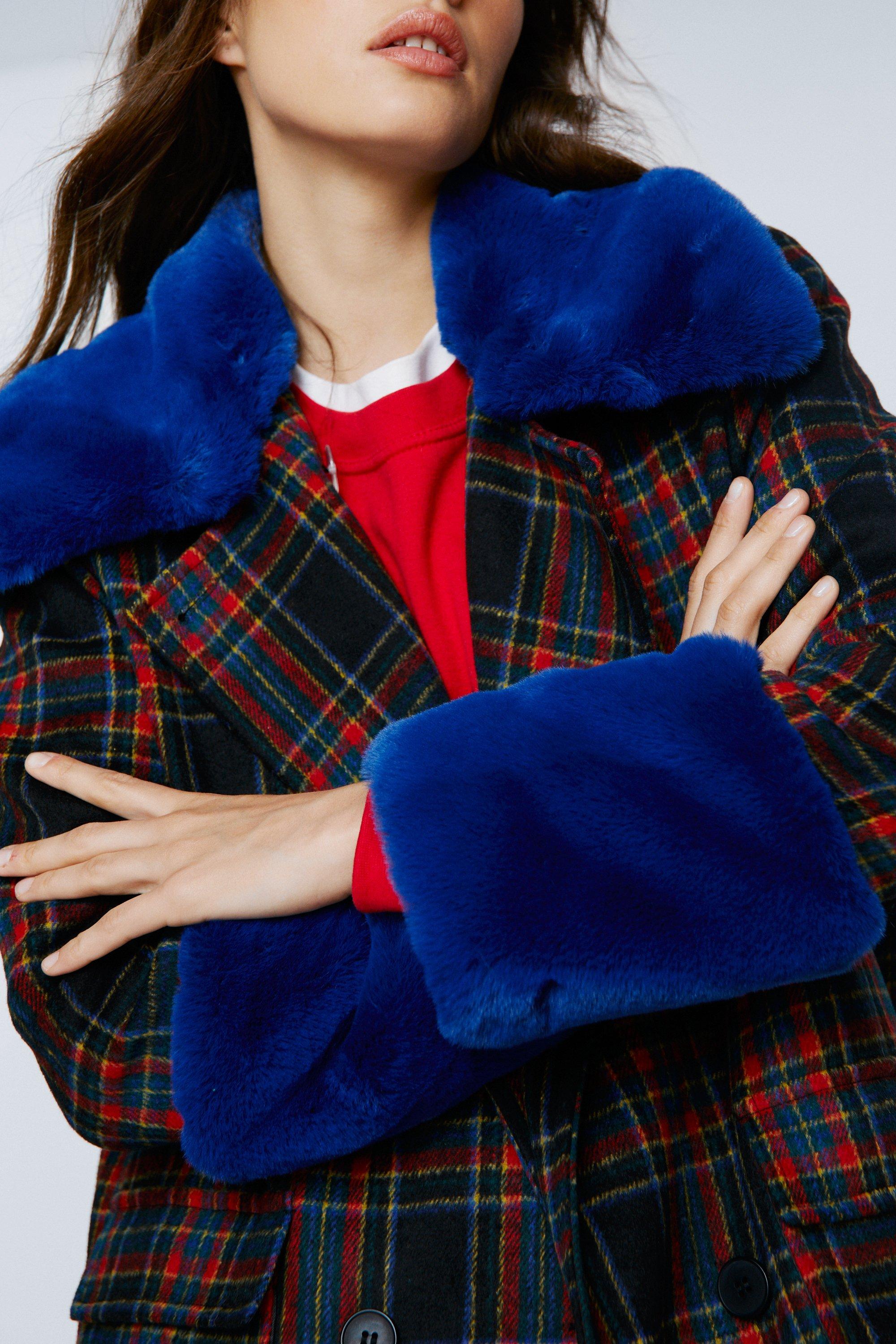 Plaid faux hot sale fur coat