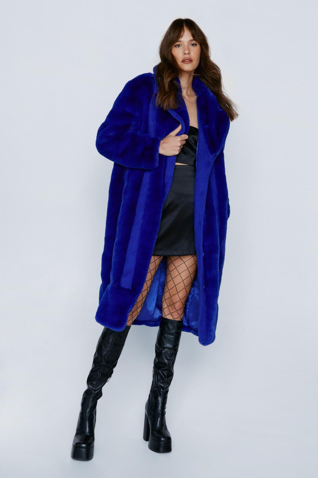 Blue Premium Faux Fur Panelled Wool Coat image number 1