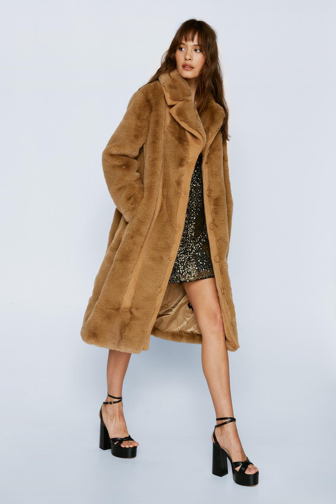 Camel Premium Faux Fur Panelled Wool Coat  image number 1