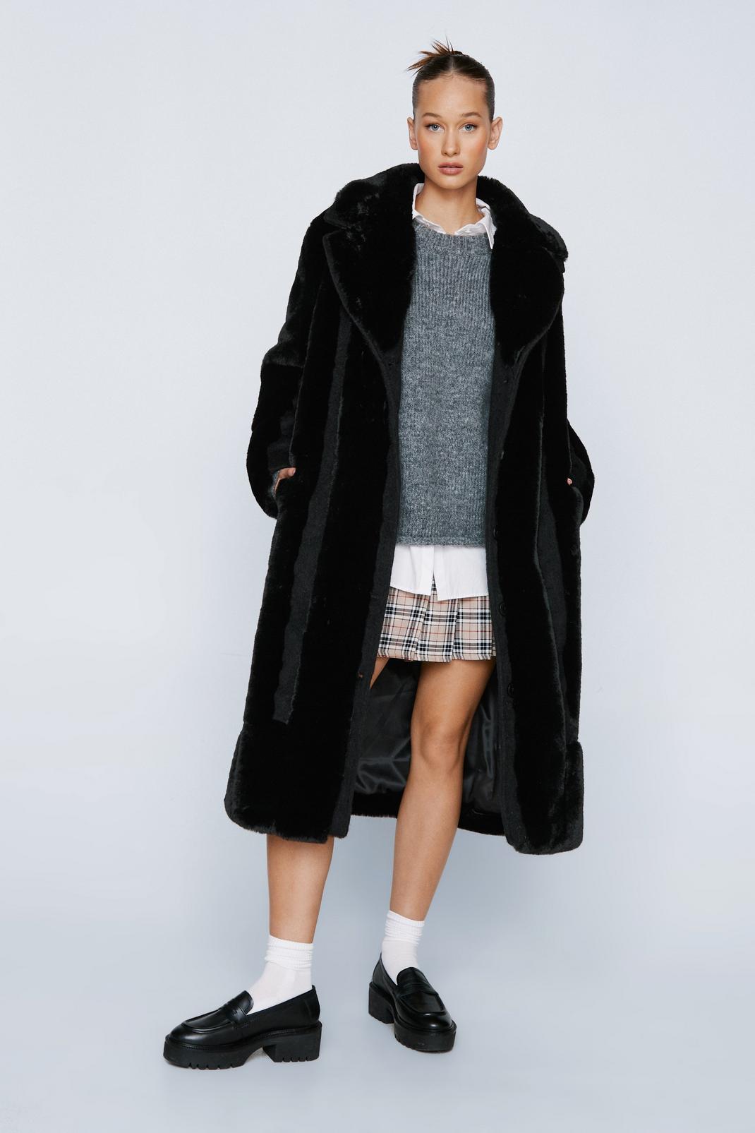 Black Petite Faux Fur Panelled Wool Coat image number 1