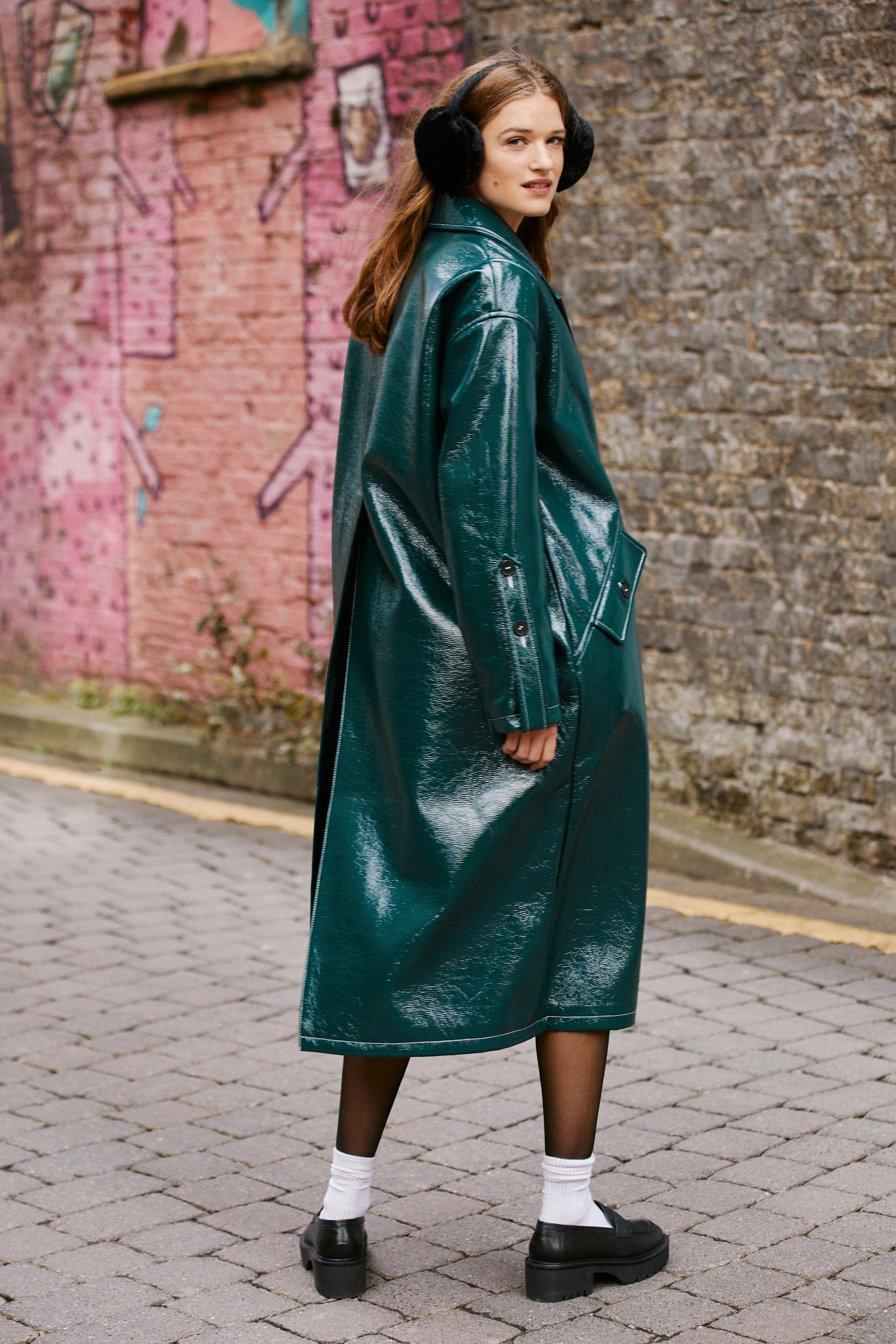 Green vinyl shop trench coat