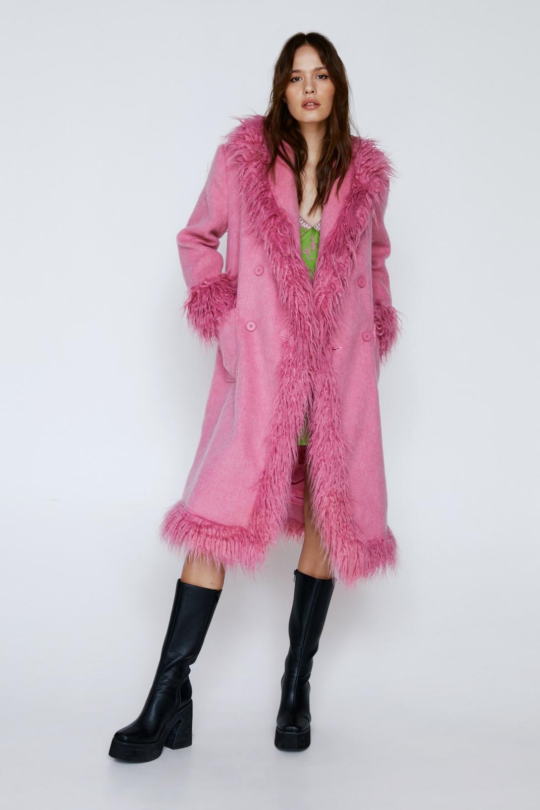 Pink Premium Faux Shearling Fur Trim Wool Coat image number 1