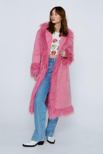 Petite Faux Fur Trim Wool Coat pink