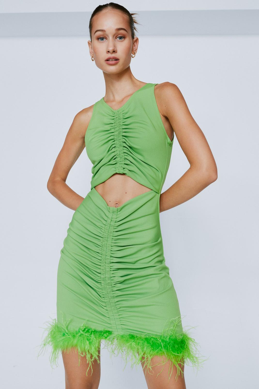 Green Feather Hem Ruched Mini Dress image number 1