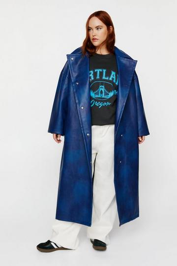 Plus Size Distressed Faux Leather Trench Coat navy