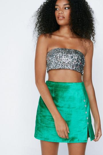 Green Diamante Button Velvet Mini Pelmet Skirt