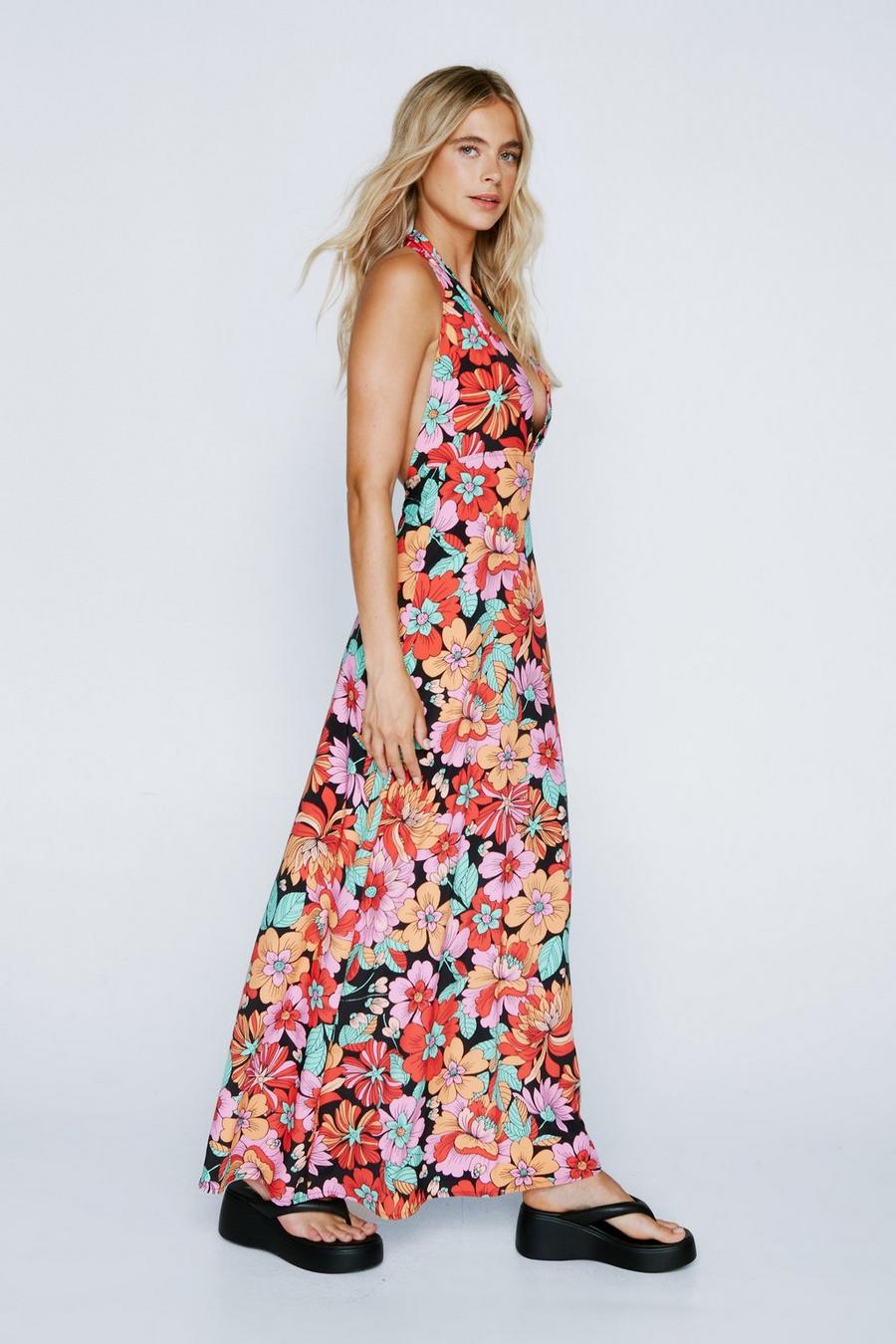 Bold Floral Print Plunge Maxi Dress