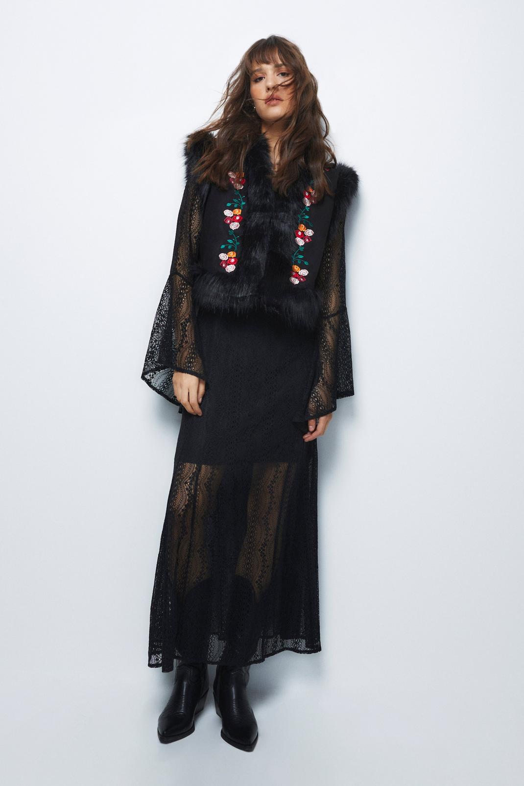 Black Embroidered Faux Suede Puffer Vest image number 1