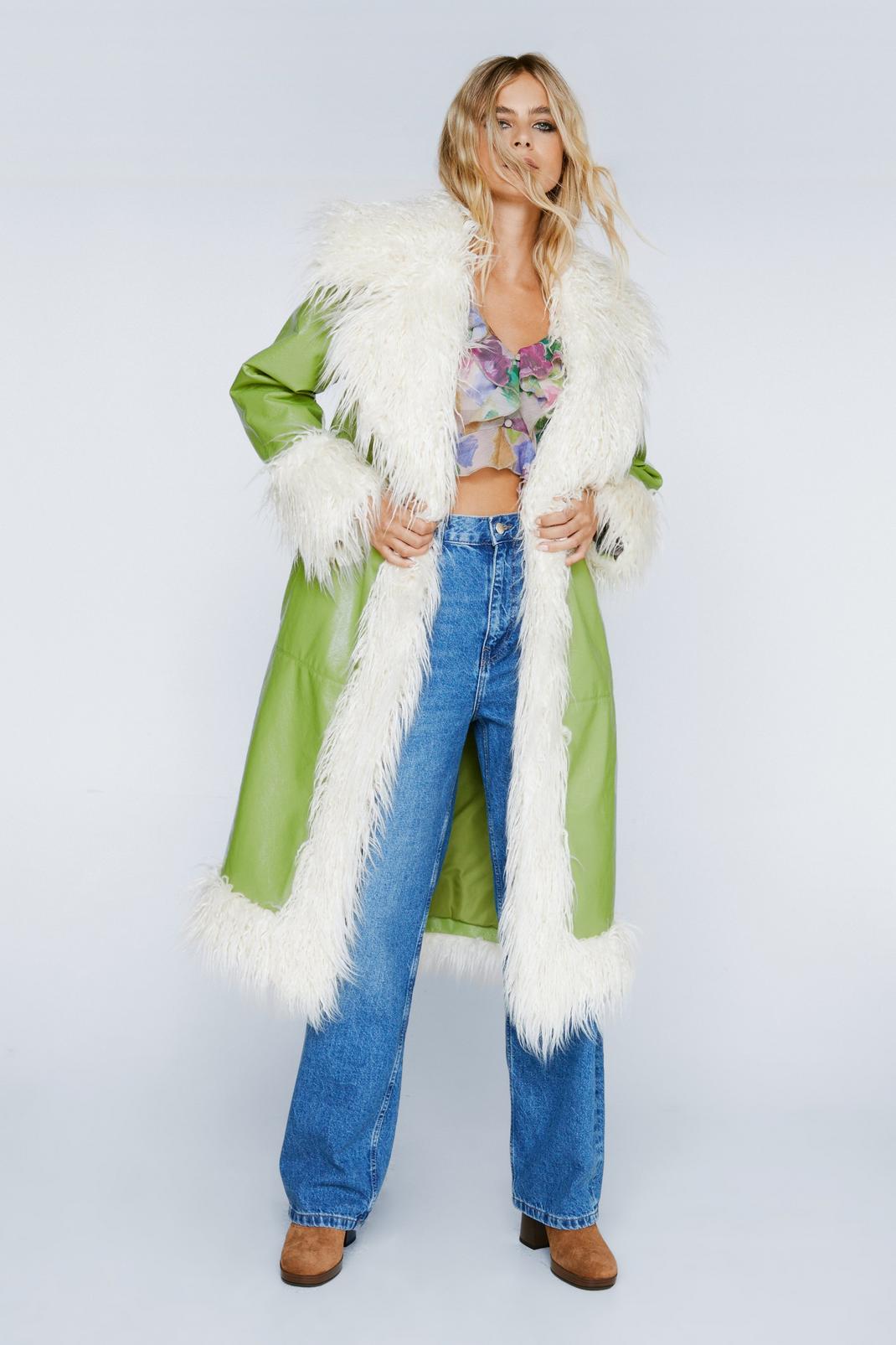 Green Premium Faux Vinyl  Leather Fur Trimmed Trench image number 1