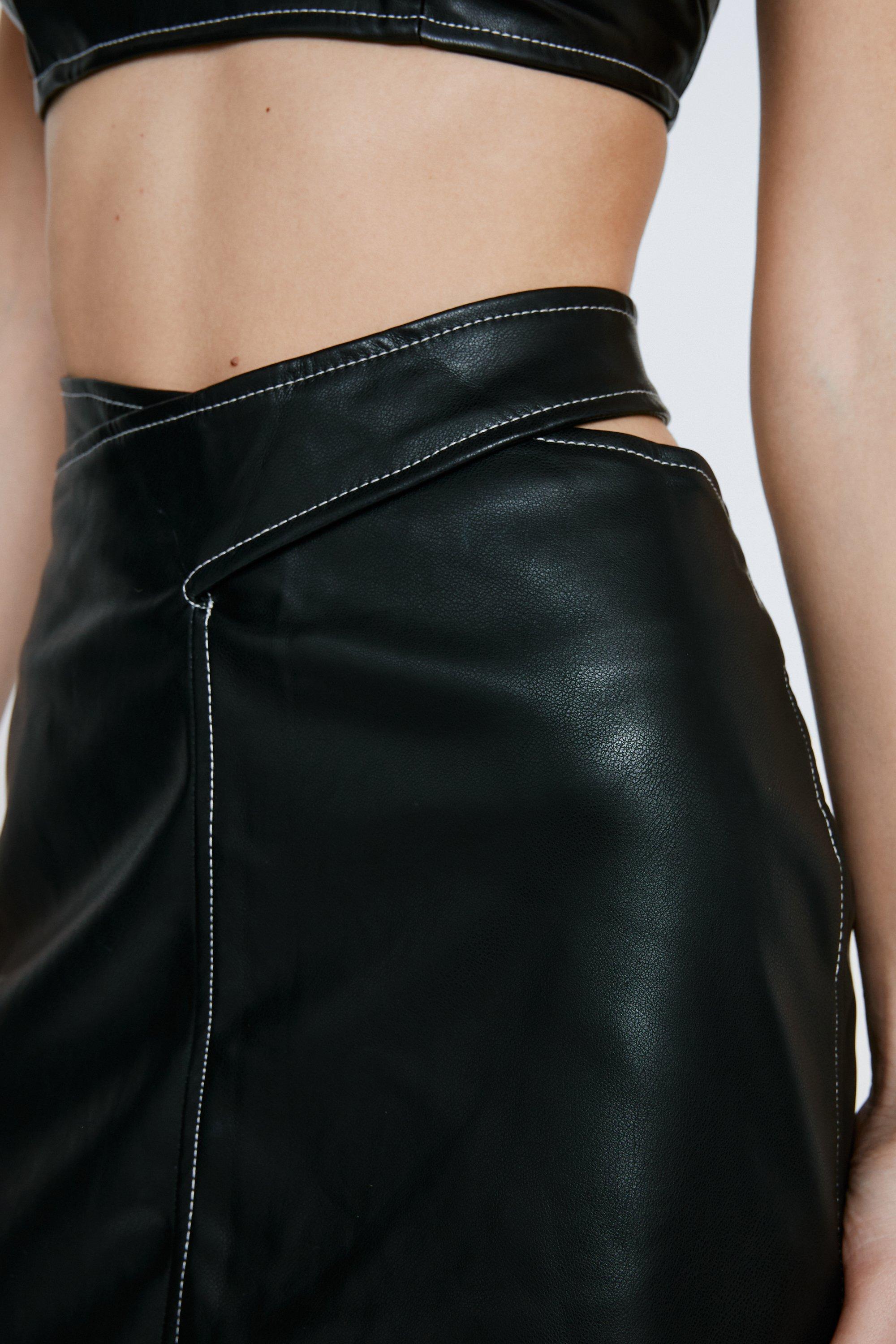 Faux Leather Tie Wrap Midi Skirt