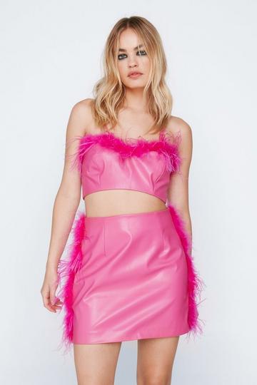 Faux Leather Feather Hem Mini Skirt pink