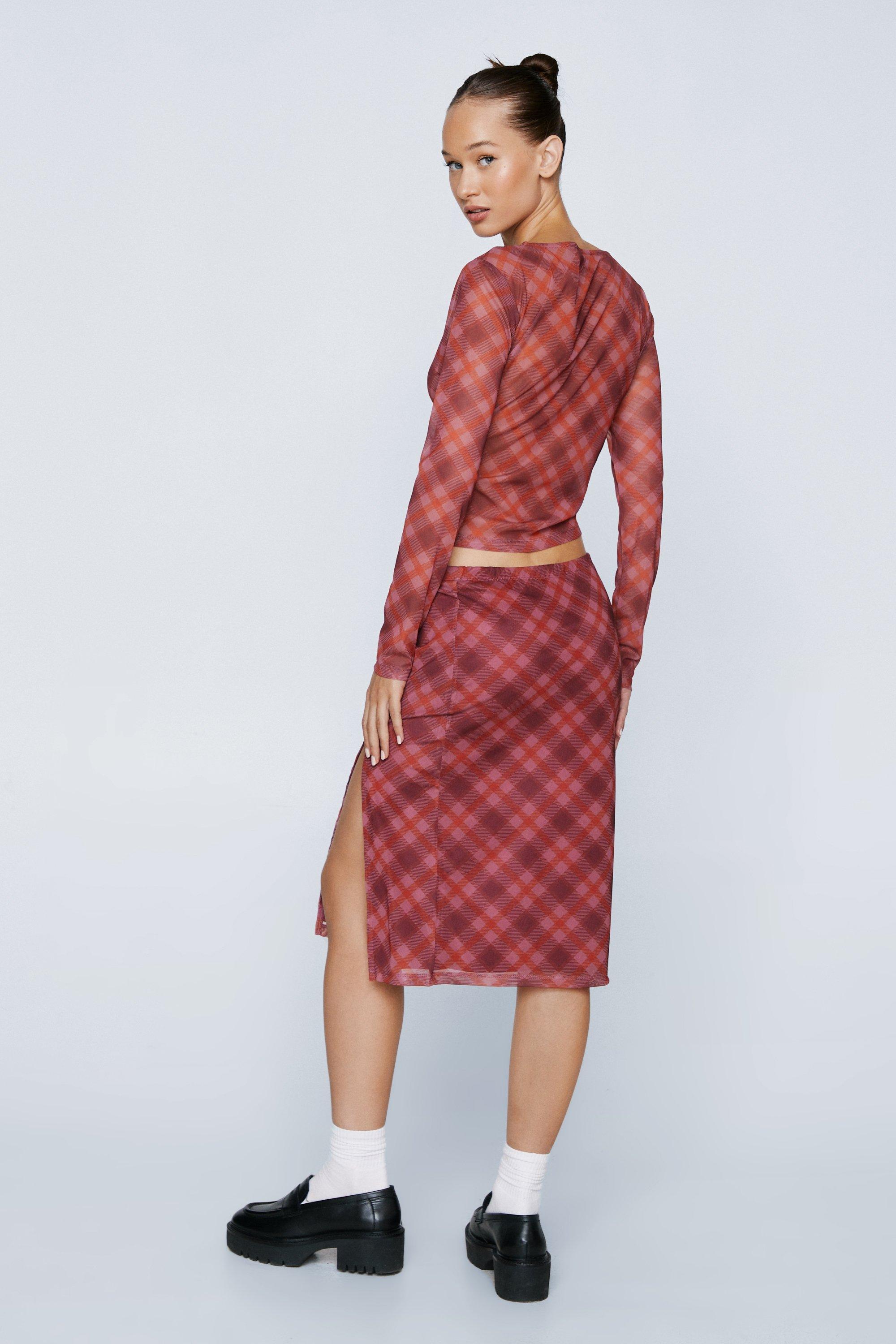 Petite Check Mesh Midi Skirt With Side Split