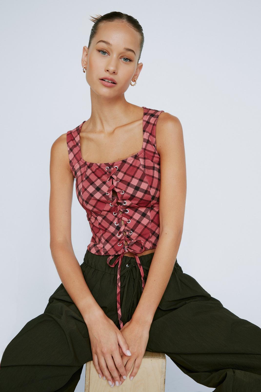 Multi Petite Check Print Lace Up Corset Top image number 1
