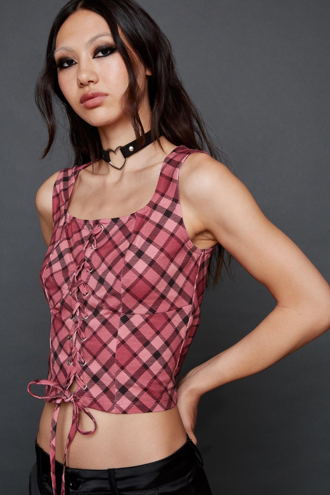 Multi Check Print Lace Up Corset Top image number 1