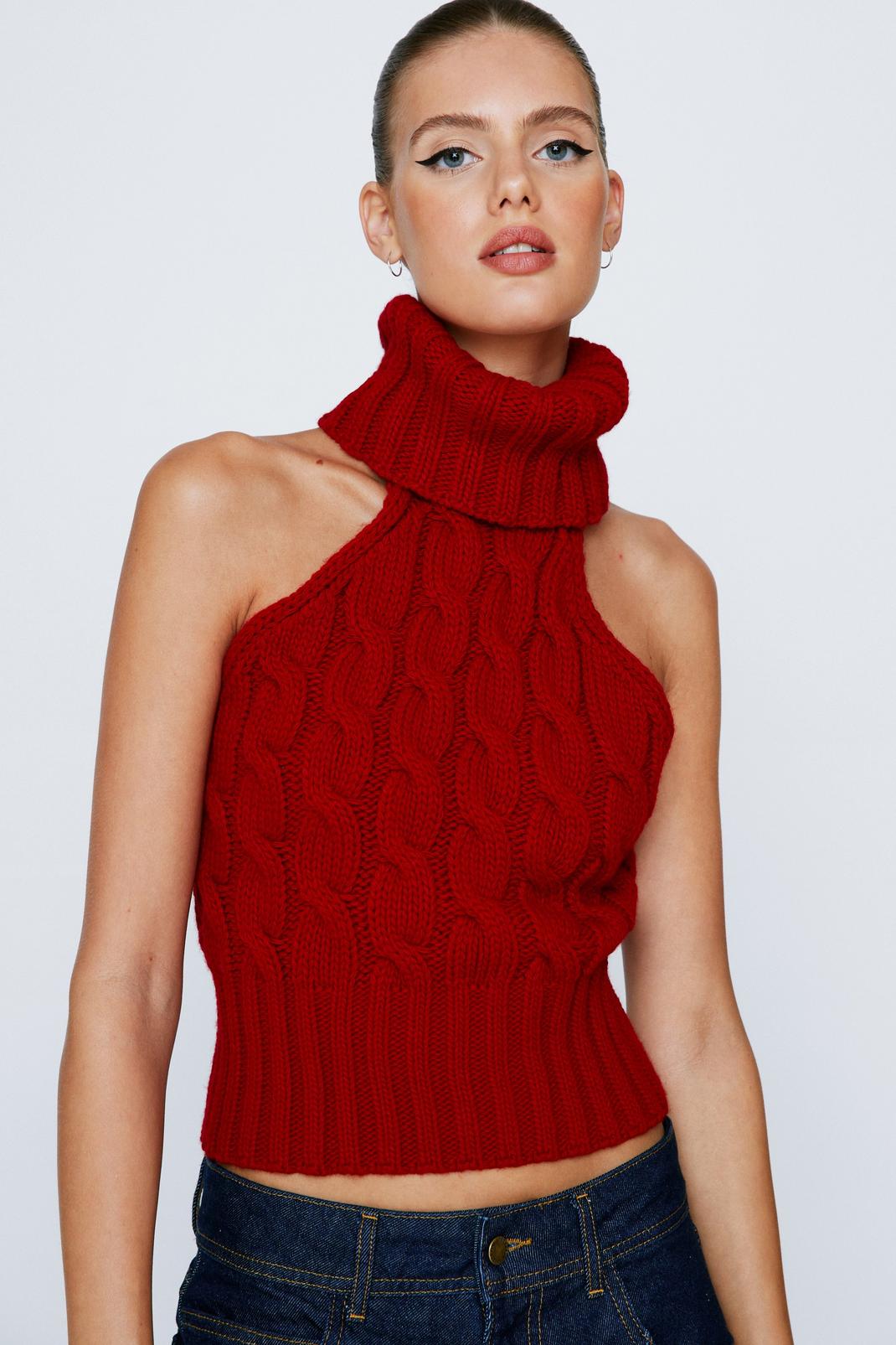 Red Cable Roll Neck Sleeveless Sweater image number 1