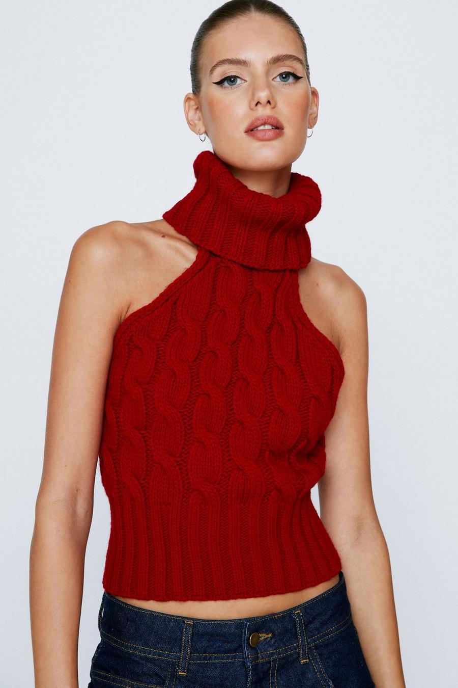 Roll Neck Sleeveless Cable Knit Sweater