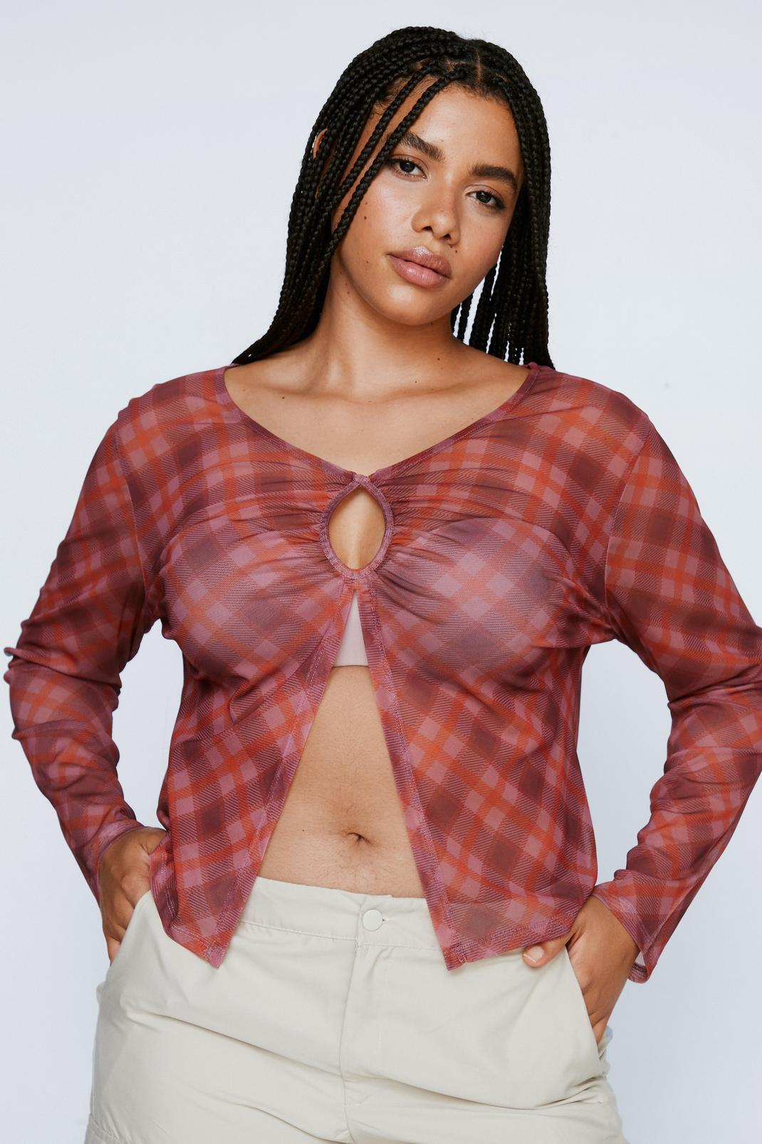 Multi Plus Size Check Print Long Sleeve Mesh Top image number 1