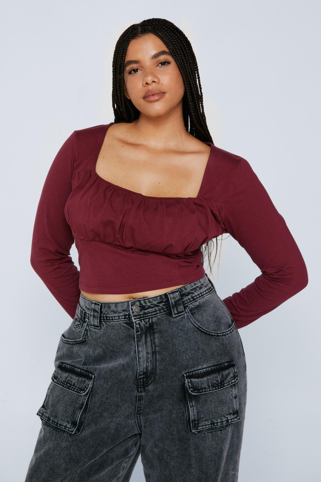Burgundy Plus Size Corset Detail Long Sleeve Top image number 1
