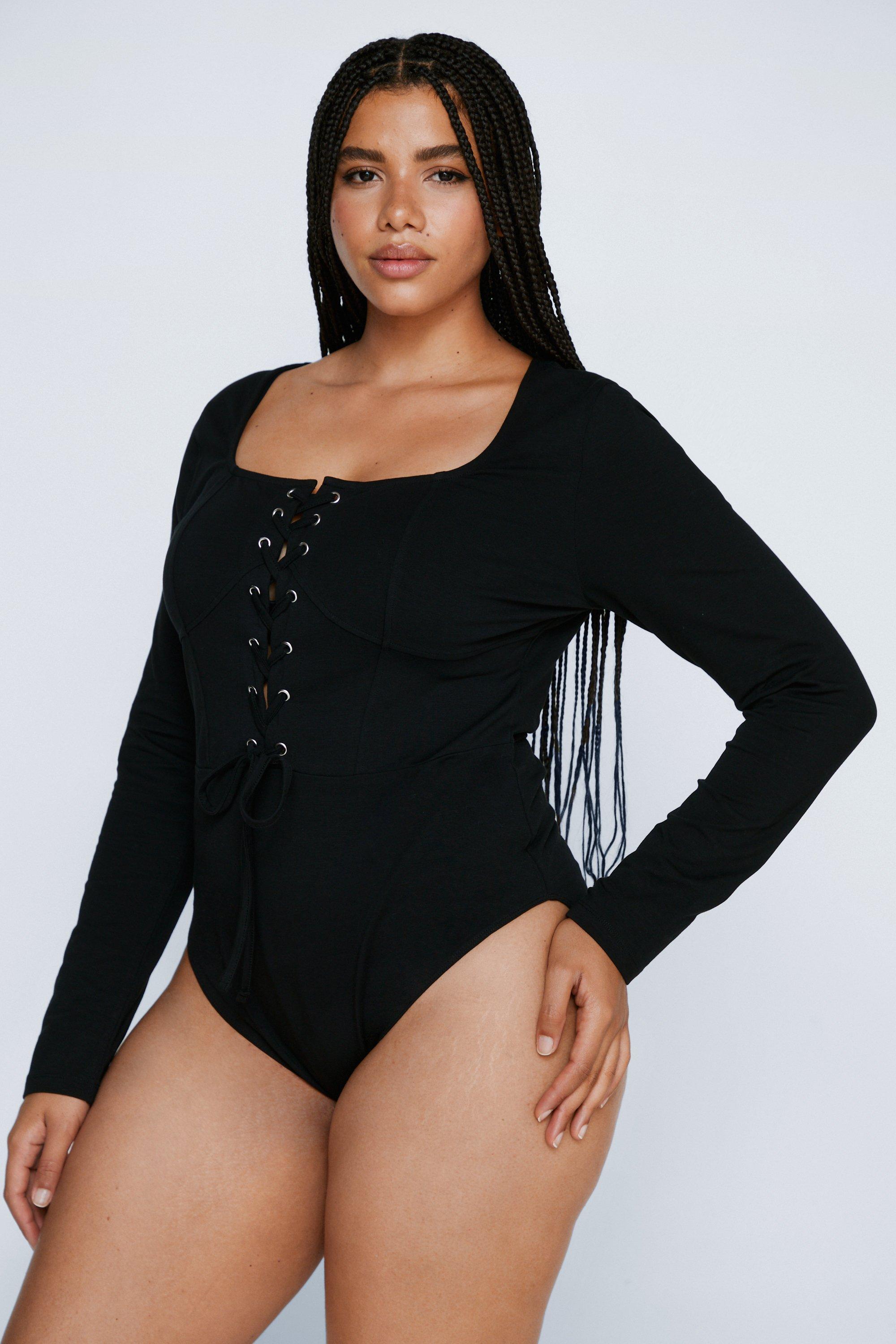 Plus Size Lace Up Long Sleeve Bodysuit