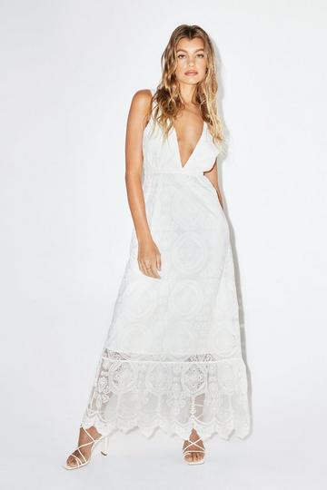 Lace Plunge Maxi Dress white