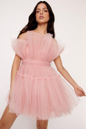 Pink Tulle Gathered Volume Mini Dress