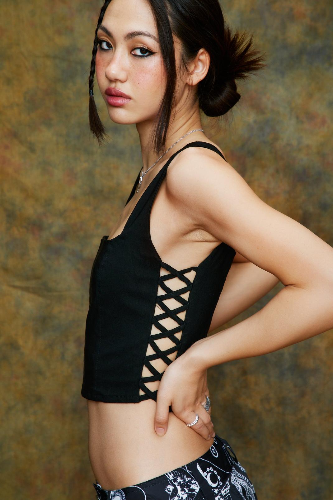Black Lace Up Detail Tailored Crop Top image number 1