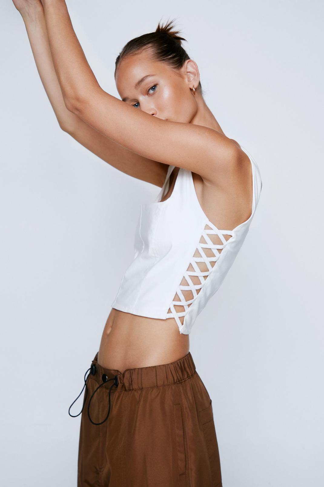 White Lace Up Detail Tailored Crop Top image number 1