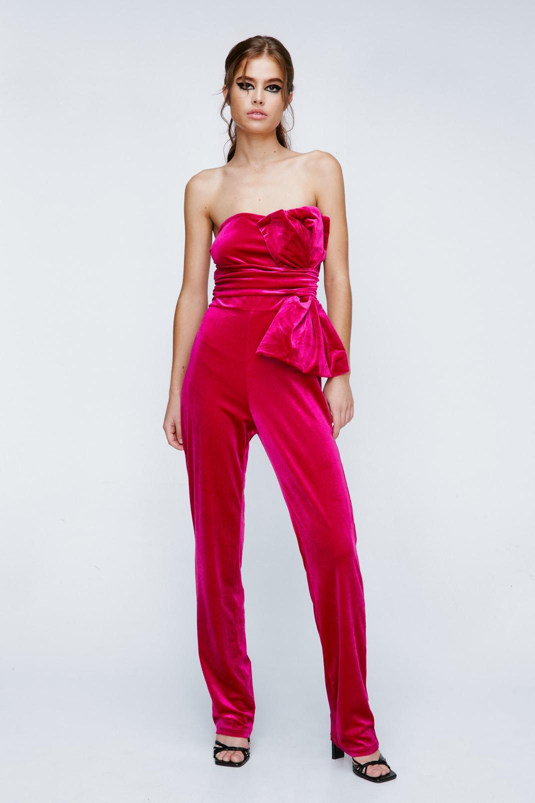 Hot pink Velvet Bow Bandeau Jumpsuit image number 1