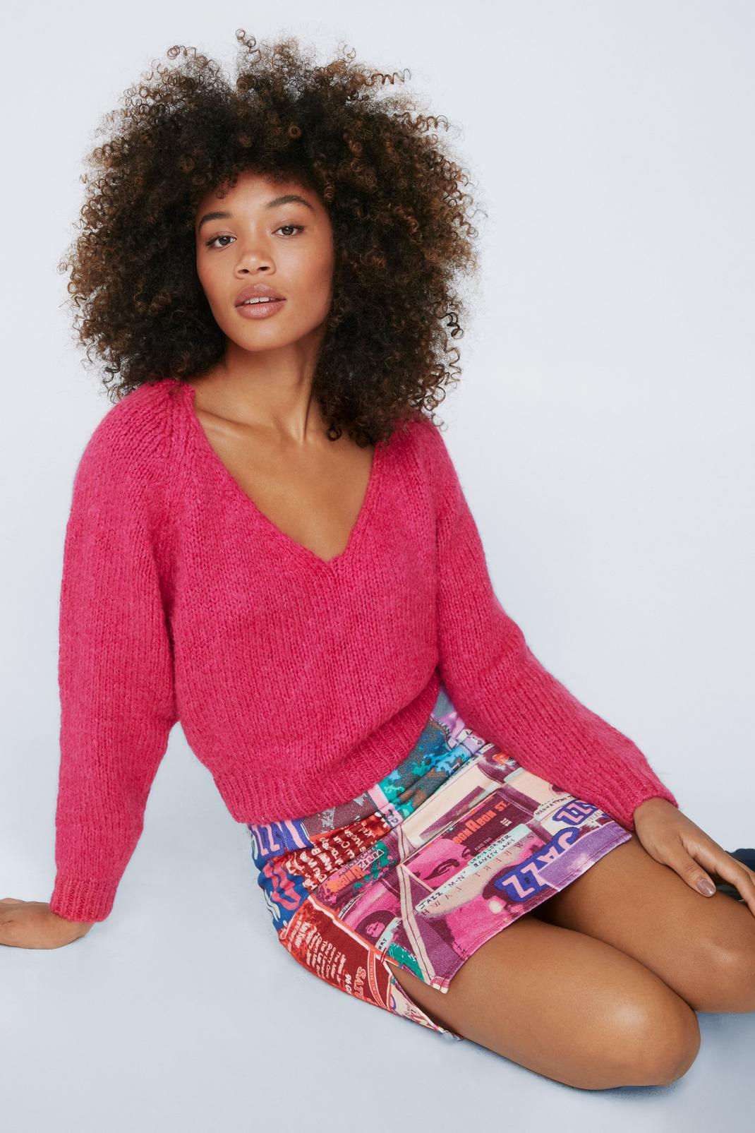 Pink Brushed V-Neck Knitted Jumper image number 1