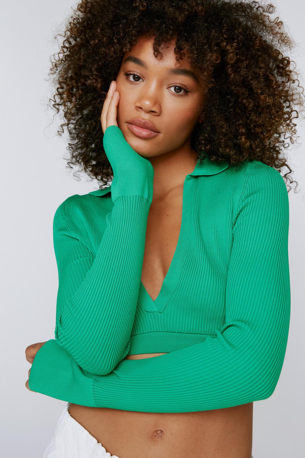 Green Collared Ribbed Long Sleeve Crop Top image number 1